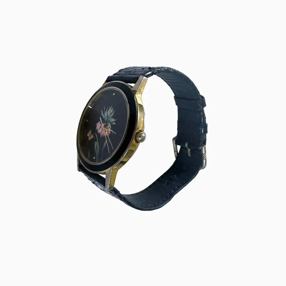 Vintage Harley's Black Lotus Watch Floral Leather Gold Tone Stylish Classic Rare